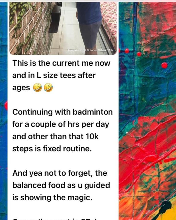 Client message about maintaining badminton, steps and balanced food